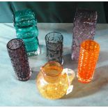 Five Whitefriars-type glass vases, various patterns and colours and a crackle glass milk jug.