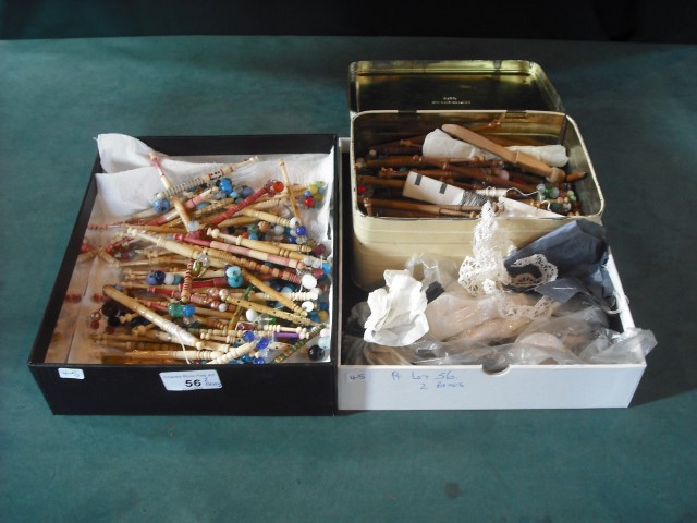 Approximately 68 bone lace bobbins, some named and a large quantity of wooden lace bobbins and