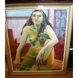 A framed oil on canvas study of a female nude, together with two other pictures.