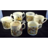 Six Royal Commemorative mugs, to include: Aynsley and Tuscan China, various Monarchs and sizes.