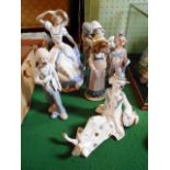 A collection of six ceramic figures, to include Nao, comprising three clowns, one lady,