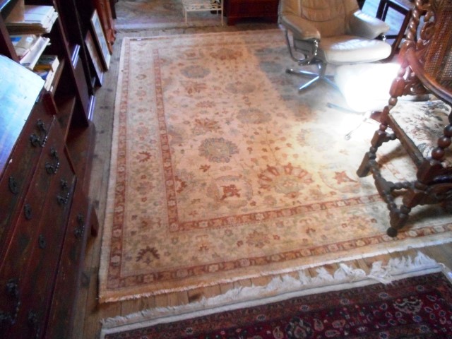 A Pakistan 100% wool pile carpet, the central panel decorated with stylized floral and leaf forms,