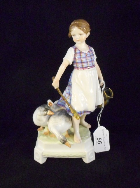 A Continental figurine of a girl herding geese, impressed 6687 to base with printed blue mark, 21.