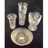 Four pieces of hand cut lead crystal glass, to include three vases and a bowl, tallest 25.5cm.