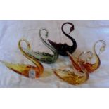 A collection of five Whitefriars glass dishes in the form of swans, various colours,