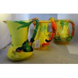 Three Art Deco Burleigh Ware jugs, variously modelled as: Kingfisher, Parrot and The Garden,