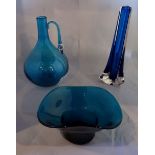 Two items of Whitefriars glass and one other in Kingfisher Blue,