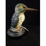 A cold painted metal model of a kingfisher on circular wooden base, 12.5cm tall (including base).