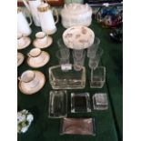 A mid-20th century part glass desk set, comprising: inkwell, paperweight, blotter and other items,