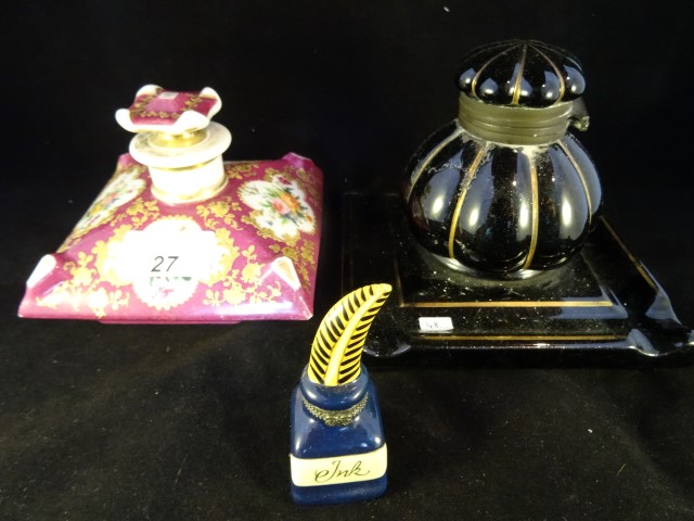 A collection of three 19th century and later inkwells,