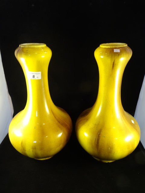 A pair of 19th century Minton yellow glazed Art Pottery vases of 'Chinese' design, incised marks