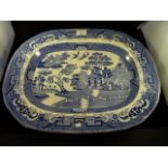 Two blue and white Victorian meat plates, each decorated with a willow pattern.