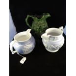 A Minton Bacchus relief decorated green water jug, marked no.