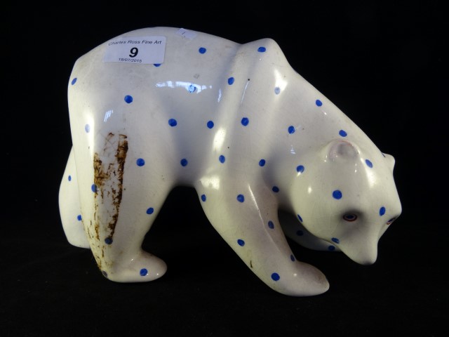 A Plichta London ceramic model of a Polar Bear, hand painted with blue dots, printed mark to base,