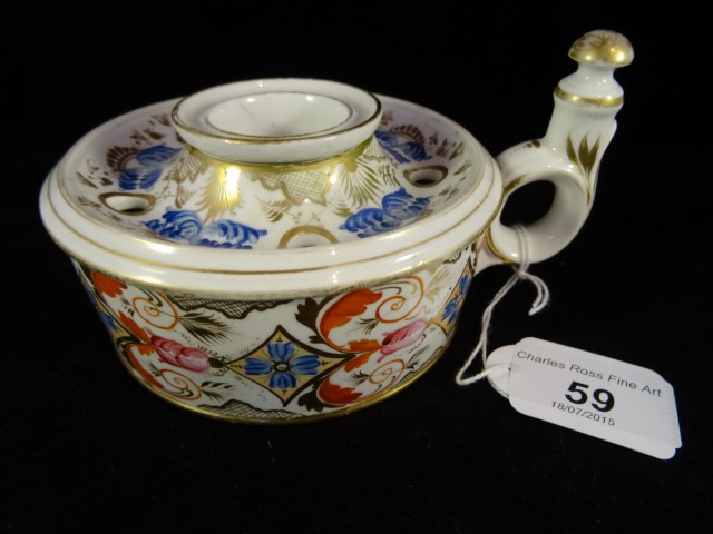 A late 18th century/early 19th century Derby inkwell and liner of circular form with single handle,