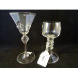 A Dutch Roemer on a hollow stem with moulded prunts, 13cm high and a wine glass with octagonal bowl,
