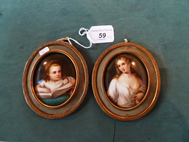 A pair of late 18th/early 19th century portrait miniatures, painted on porcelain,