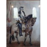 A watercolour, an 18th century soldier on horseback, indistinctly signed, 25cm x 19cm,