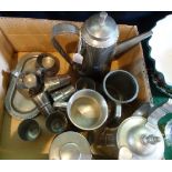 A box containing a quantity of pewter to include: coffee pots, tankards,