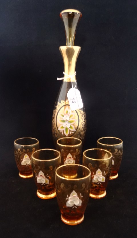 A Venetian glass decanter set with gilt hand painted floral decoration, - Image 2 of 3