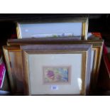 Ten pictures and prints, various mediums, various sizes, glazed in gilt composite frames.