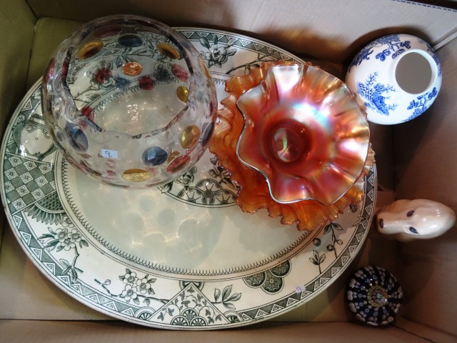 An early 19th century oval meat platter, decorated in the aesthetic taste, two carnival glass bowls,