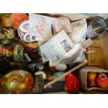 An interesting box of miscellania to include: an Indian papier mache bowl, a pewter tankard,