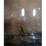 A print depicting an 18th century harbour scene with stormy seas and buildings to the background,