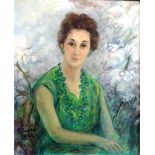 F, Campbell (?), oil on board, portrait of a smartly dressed lady in green, signed and dated 1966,