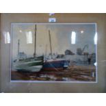 A watercolour, fishing boats moored in a harbour, unsigned,