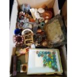 A box containing a quantity of interesting collector's items, to include: marbles, miniature vases,