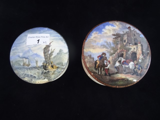 Two Victorian Prattware pots and lids, decorated after Wouvermann Pinx (12cm diameter),