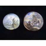 Two Victorian Prattware pots and lids, decorated after Wouvermann Pinx (12cm diameter),