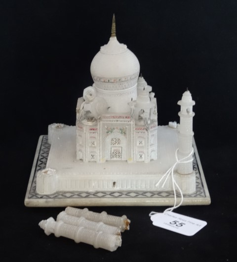 An Indian white alabaster model of the Taj Mahal, 15cm x 15cm x 16cm (AF). Condition Report: Three