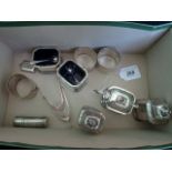 A mixed lot of silver, comprising: cruets, mustard pot, twin salts with blue glass liners,