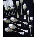 A cased set of six silver teaspoons, together with other silver and silver plated spoons.