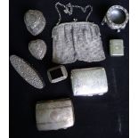 Two silver cigarette boxes, a silver chain link purse and other items of silver and silver plate.