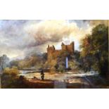 A watercolour, 19th century, a riverside scene with castle in the background, unsigned,