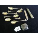 A mixed quantity of silver, to include: a set of six teaspoons with lion head finials, a vesta case,