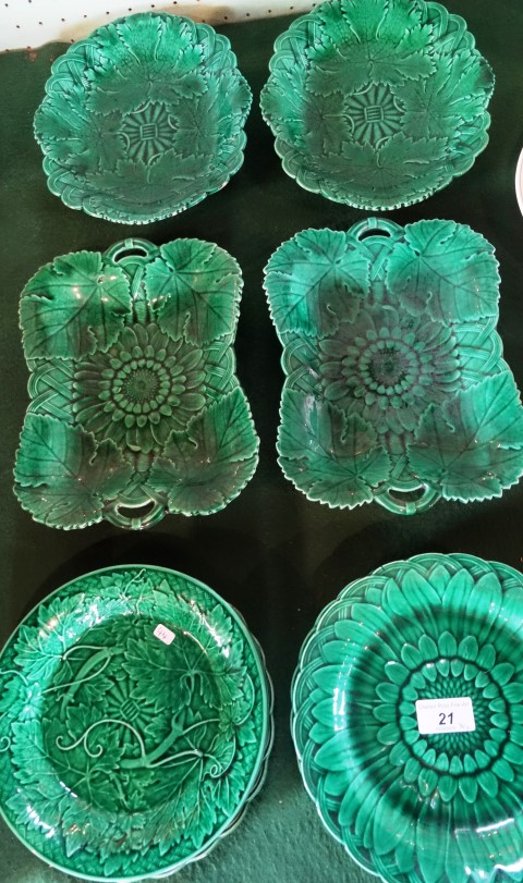 A good quantity of mid-19th century green majolica tableware, to include: six Wedgwood plates (