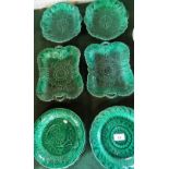 A good quantity of mid-19th century green majolica tableware, to include: six Wedgwood plates (