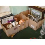 Two boxes of miscellaneous items, to include: cut glass decanters, commemorative china and glass,