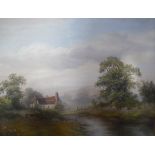 Acrylic on canvas, a rural dwelling beside a stream, indistinctly signed, 48cm x 39cm in gilt frame.