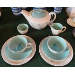 A Poole pottery Freeform breakfast tea set in the Feather Drift design, circa 1950's, marked 'NN',