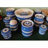 A quantity of blue and white T. G. Green & Co., Cornish kitchenware comprising: eight lidded storage