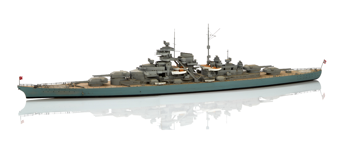 A 1:96 SCALE WATERLINE MODEL OF S.M.S. BISMARCK (1939), modelled by H. Phillips in carved