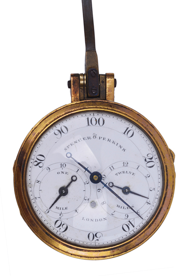 AN 18TH-CENTURY PEDOMETER BY SPENCER & PERKINS, LONDON, the 2in. enamelled dial signed as per