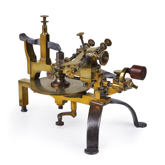 A 19TH-CENTURY GEAR WHEEL CUTTING ENGINE, unsigned, heavily constructed in brass and steel, indexing