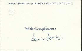 Edward Heath 6x4 white compliments card autographed by former Prime Minister Sir Edward Heath (