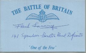 Frank Lanning 141 Sqn Battle of Britain signed index card. Good condition